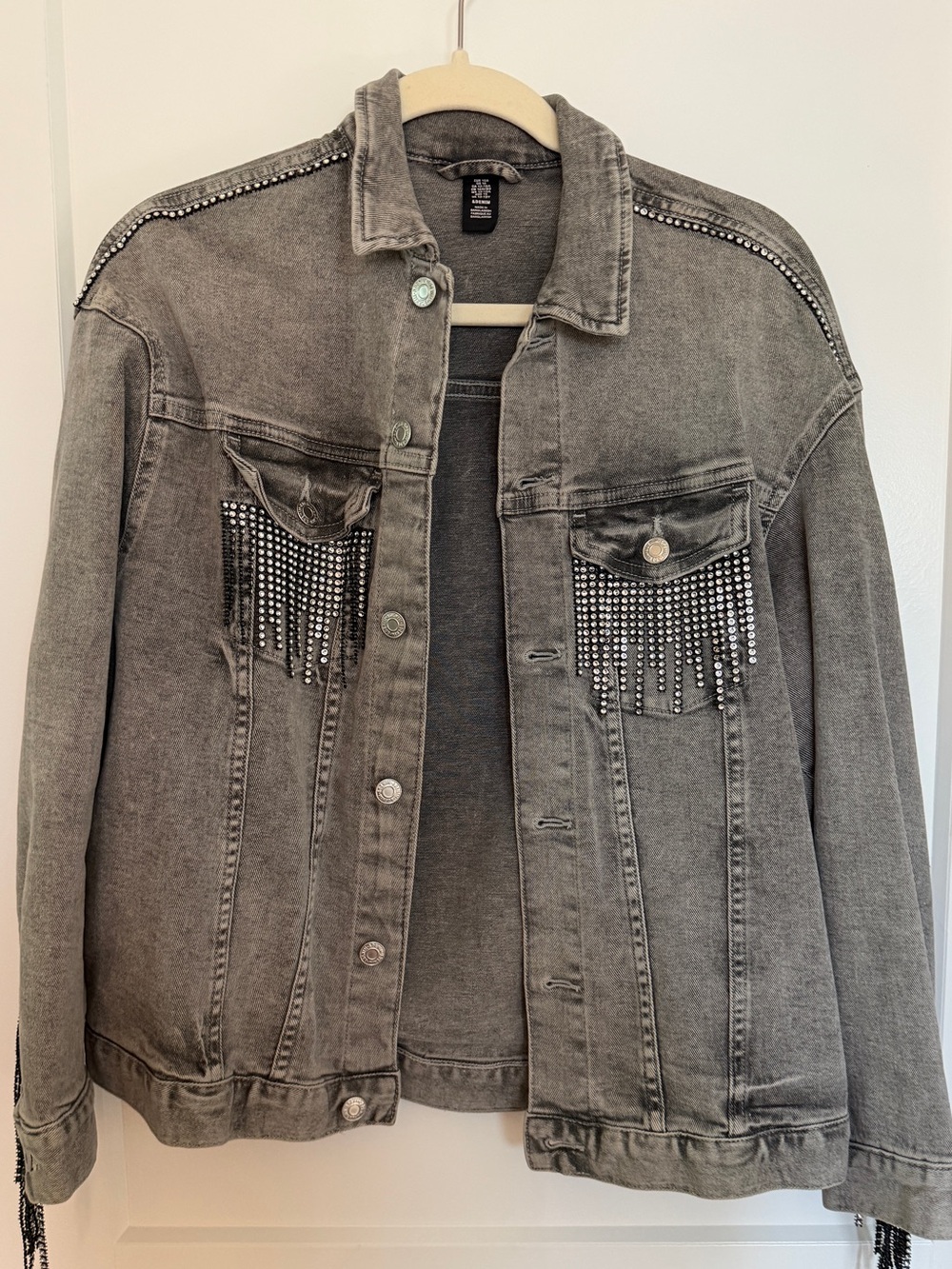 Gray Studded Fringe Denim Jacket - Women